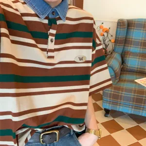 Retro Striped Denim Polo Shirt