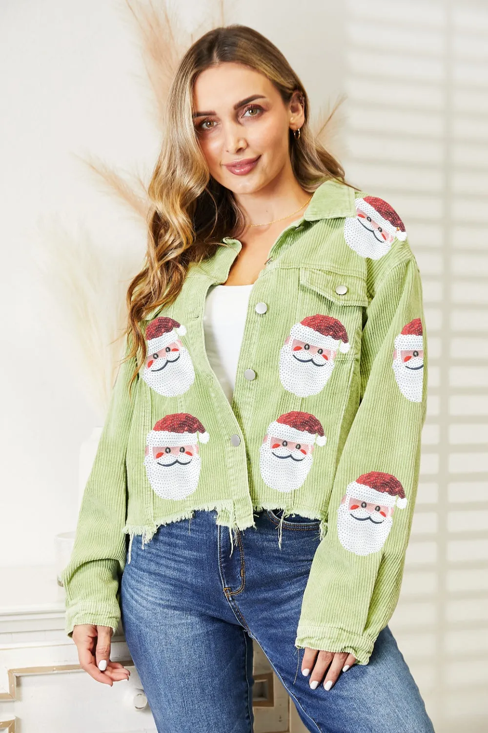 Santa Sequin Raw Hem Jean Jacket Holiday Christmas Button Down Long Sleeve Shirt Women's Fashion