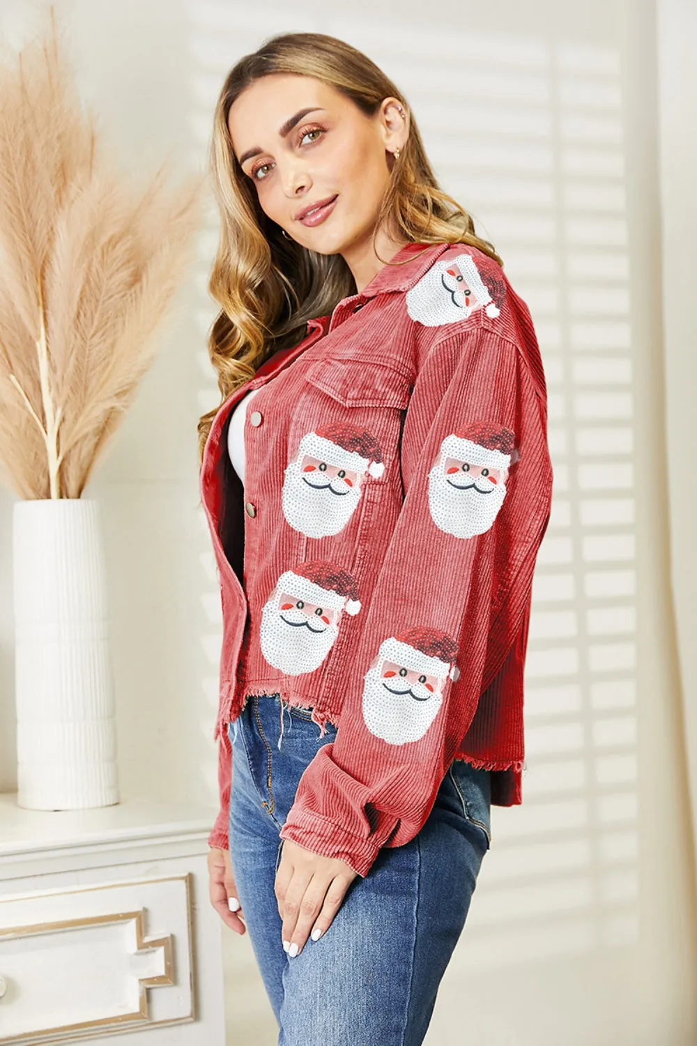 Santa Sequin Raw Hem Jean Jacket Holiday Christmas Button Down Long Sleeve Shirt Women's Fashion