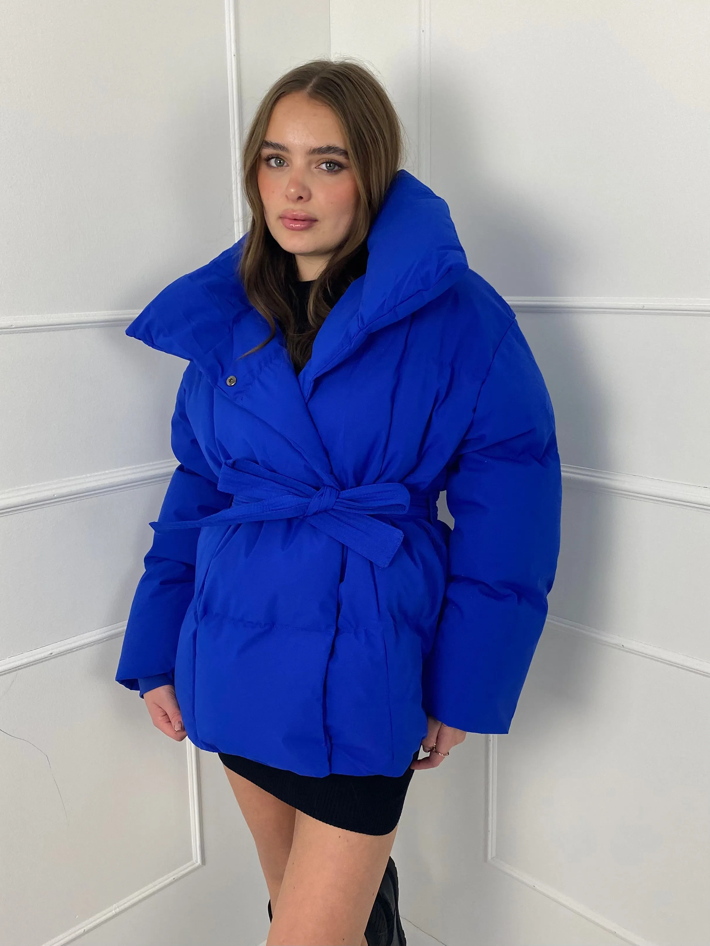 Short Belted Puffer Jacket - Royal Blue