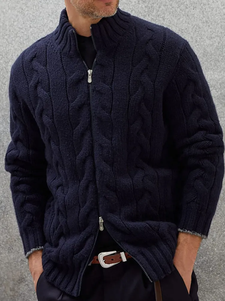 Solid Color Zip-Up Knitted Cardigan Sweater