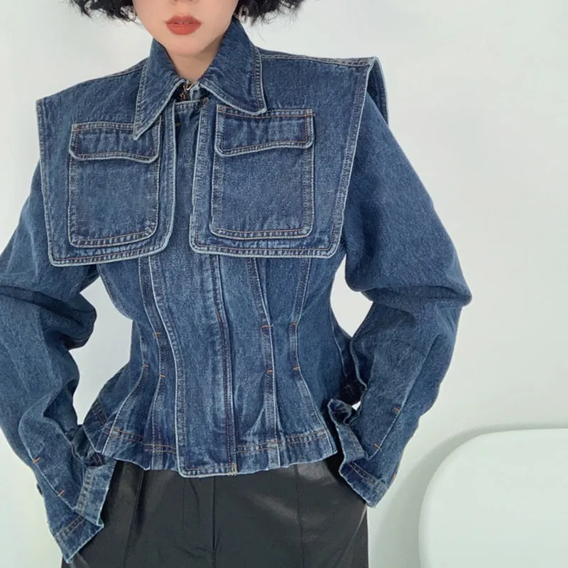 Streetwear Denim Jackets For Women Lapel Loose Long Sleeve Patchwork Shawl Pockets Coats Female Spring Clothes