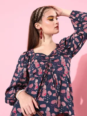 Style Quotient Women Navy Blue & Pink Print Sweetheart Neck Top