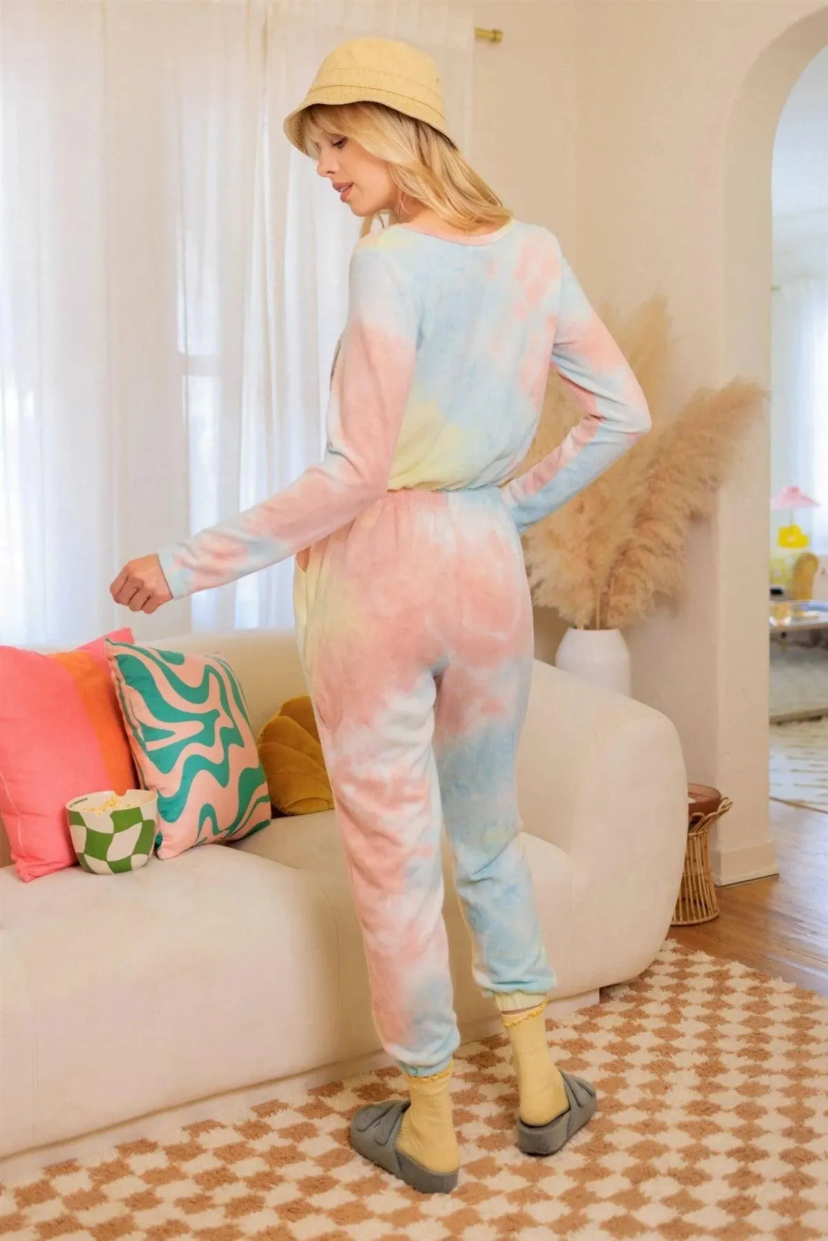 Tie-Dye Flannel Long Sleeve Jogger Onesie Jumpsuit