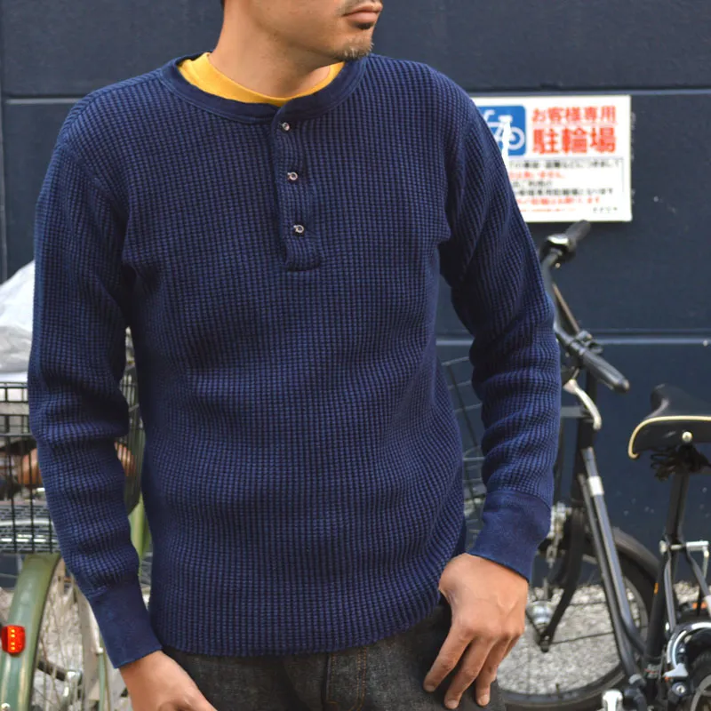 UES "66BW-I" INDIGO BIG WAFFLT HENLEY NECK T-SHIRT Thermal