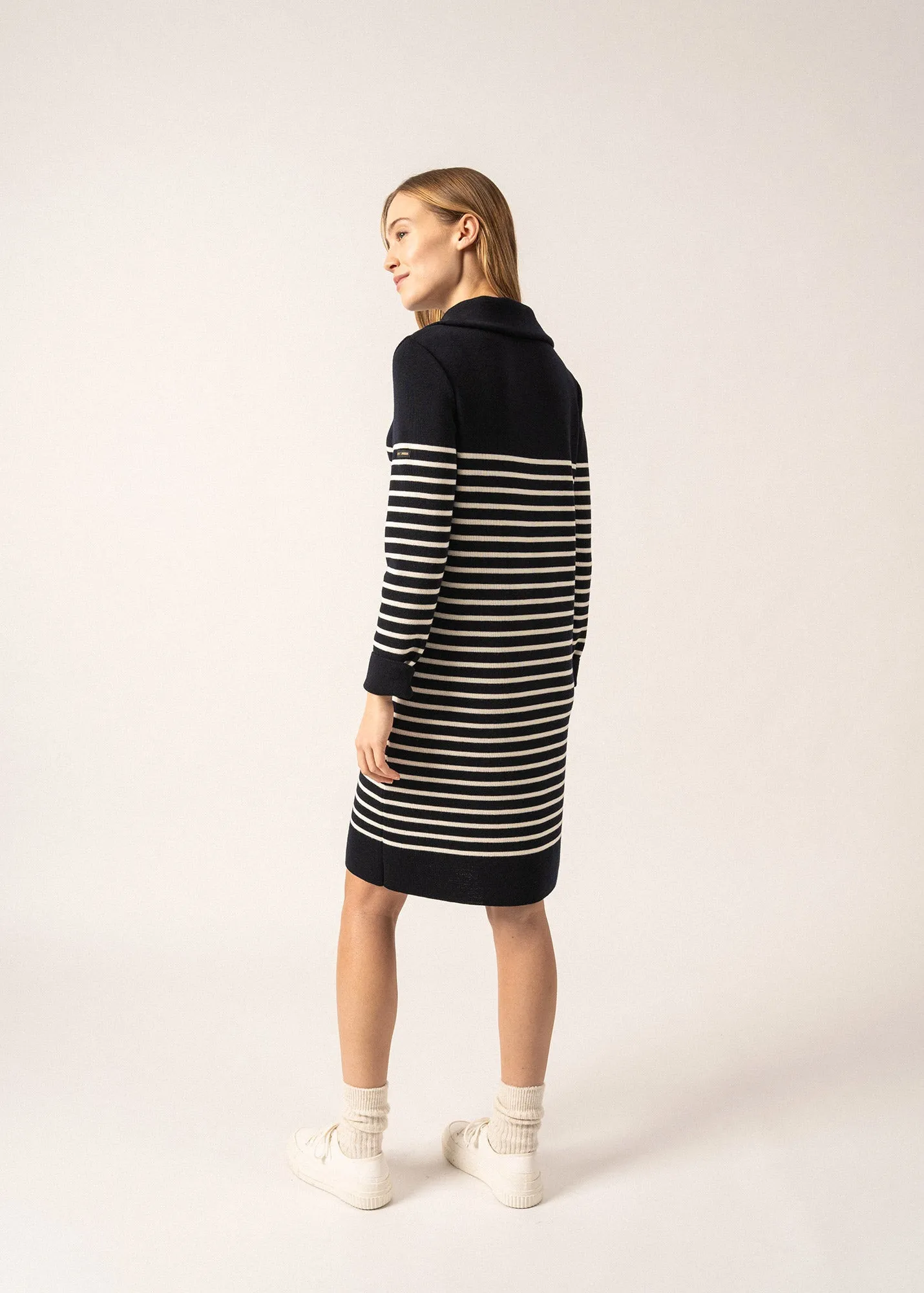 Vague Striped Wool Dress - with buttoned collar (NAVY/ECUME)