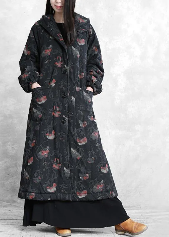 vintage oversize trench coat dark gray print hooded Button Down Woolen Coats