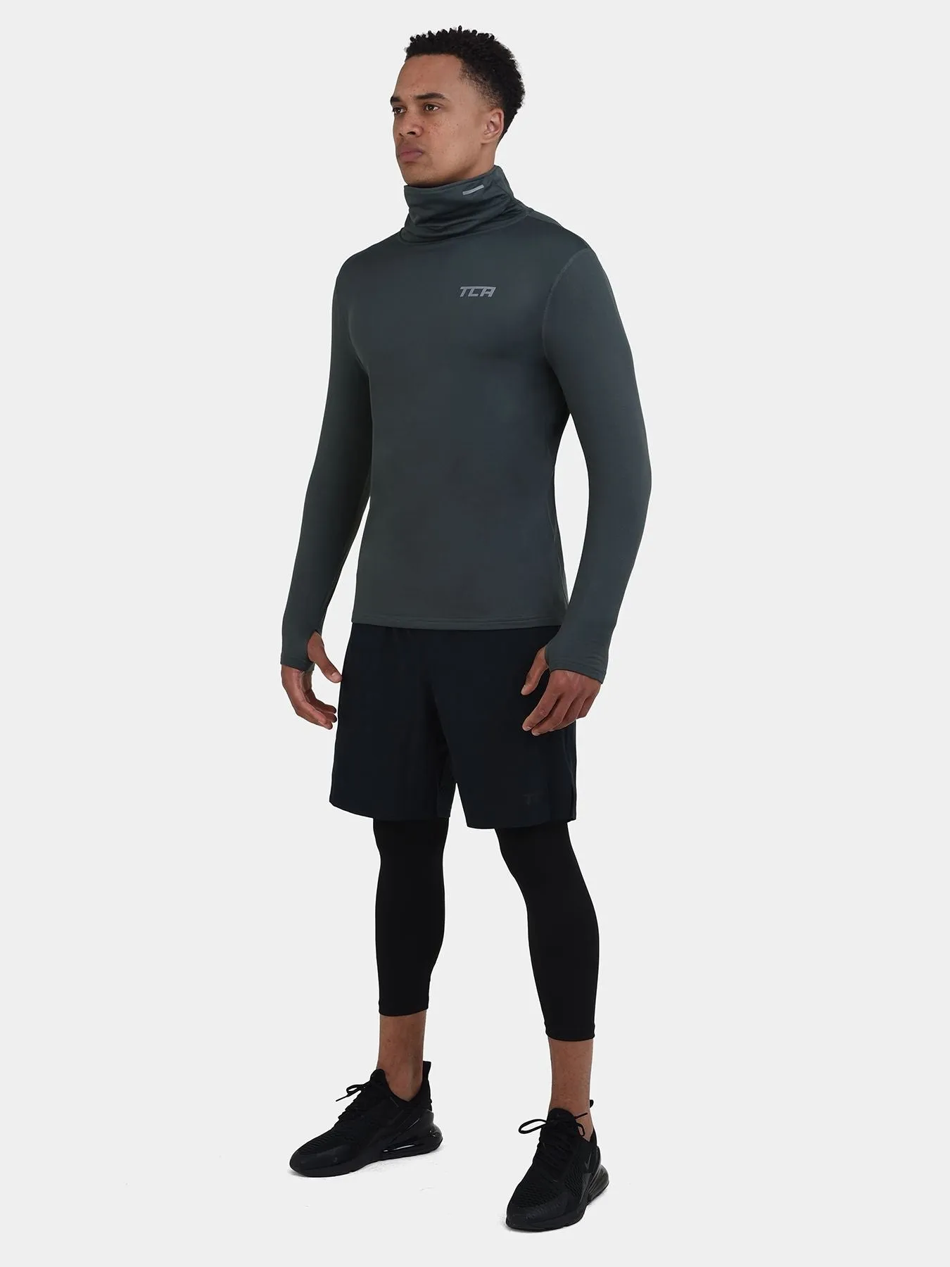 Warm-Up Thermal Long Sleeve Funnel Neck Top For Men With Brushed Inner Fabric, Thumbholes & Reflective Strips