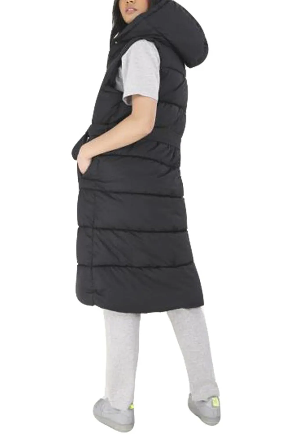 Womens Black Padded Long Gilet Hooded Puffer Jacket