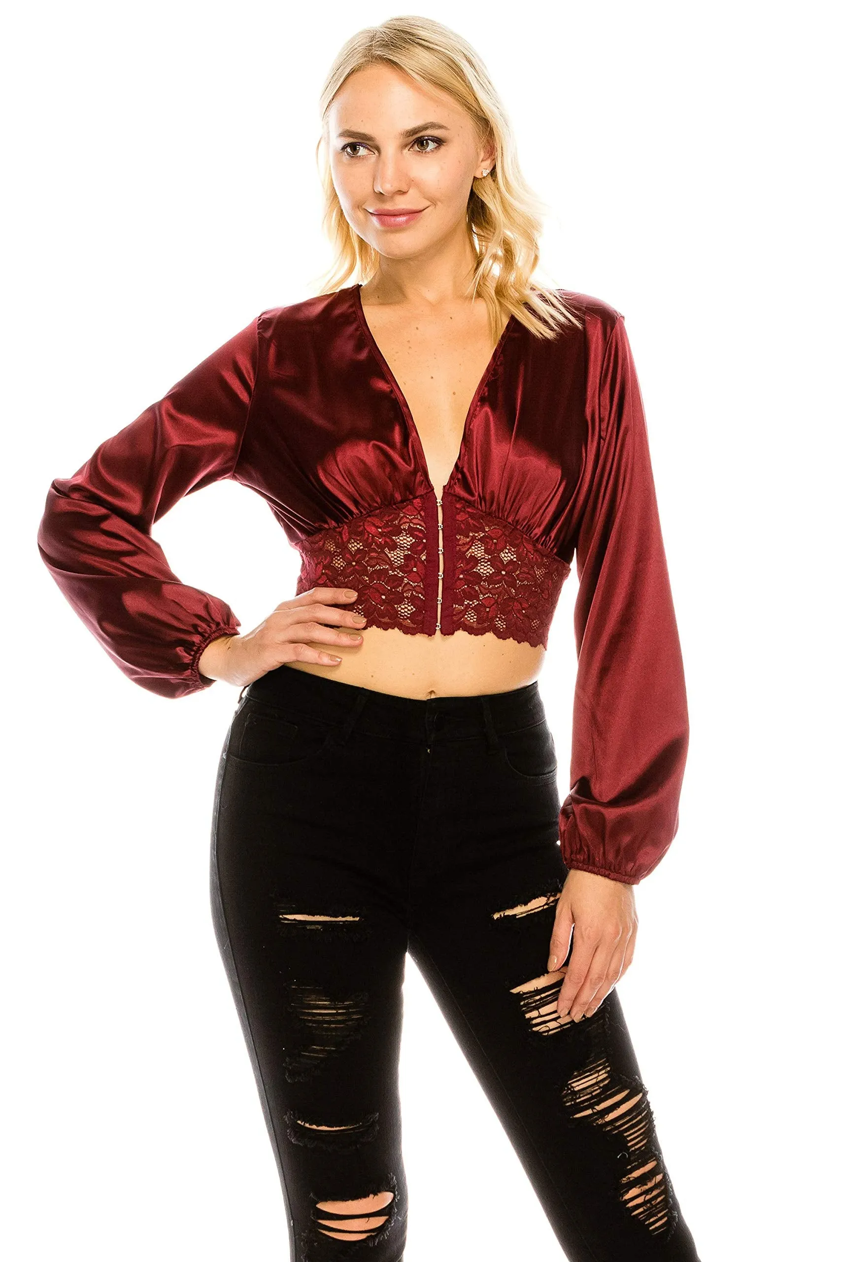 Women's Long Sleeves Satin Lace Design Button Up Crop Top Blouse