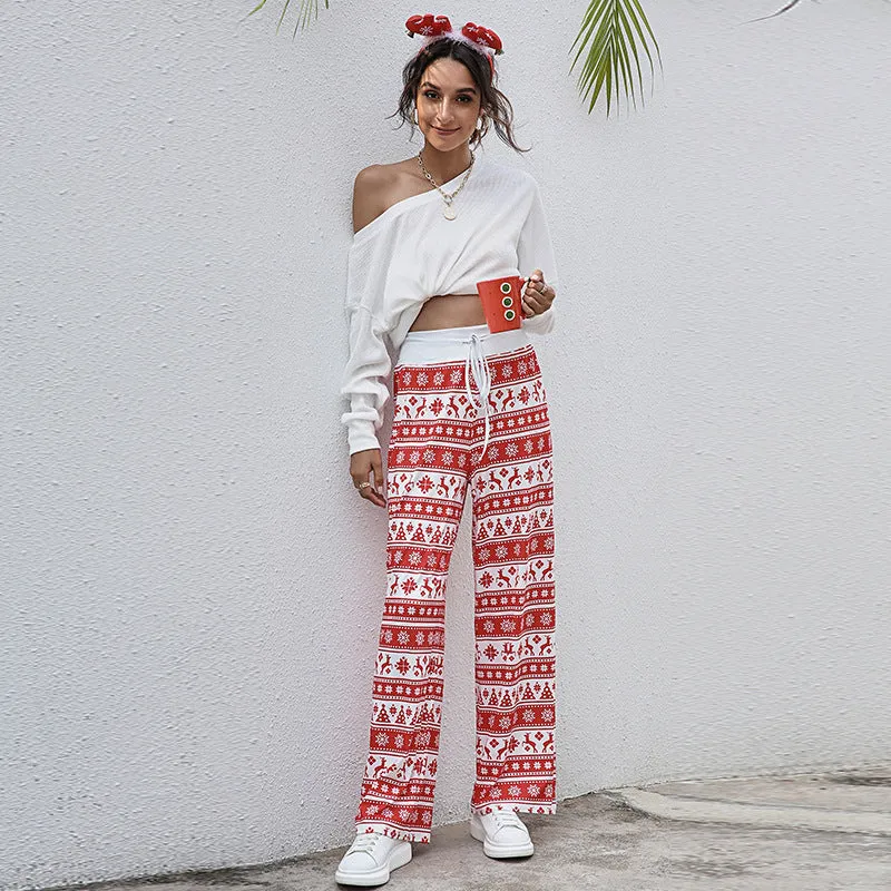 Women's Tie-Waist Casual Long Pants - Stylish, Loose-Fit Christmas Print Trousers