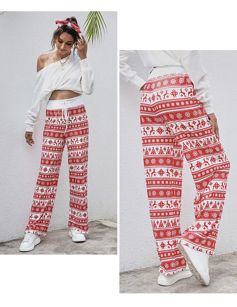 Women's Tie-Waist Casual Long Pants - Stylish, Loose-Fit Christmas Print Trousers