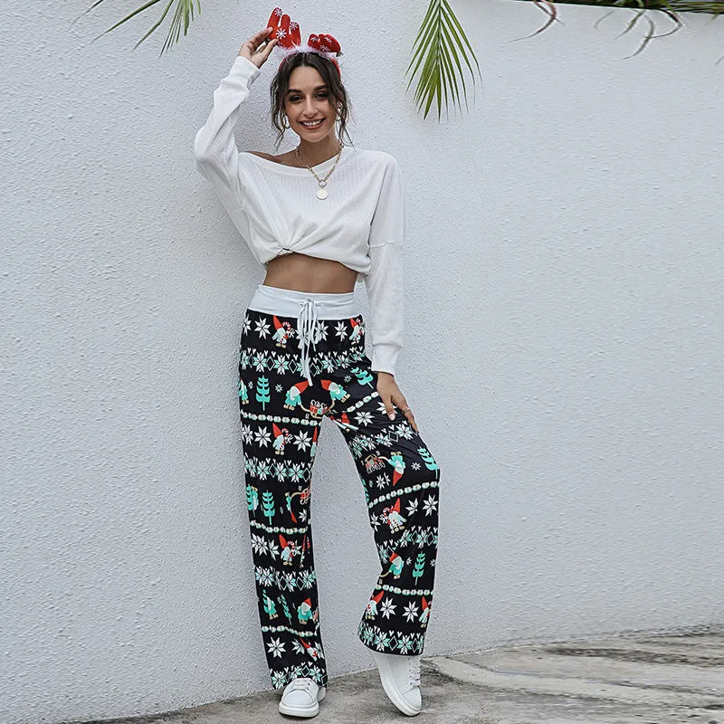 Women's Tie-Waist Casual Long Pants - Stylish, Loose-Fit Christmas Print Trousers