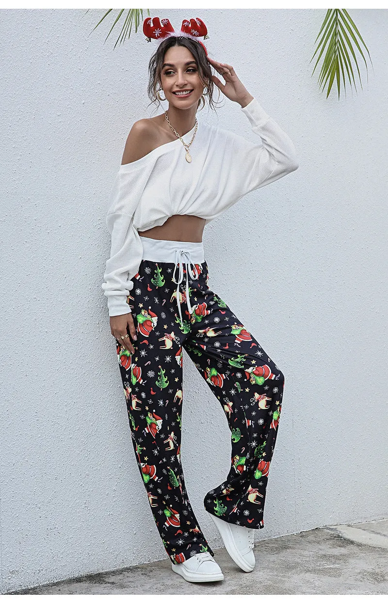 Women's Tie-Waist Casual Long Pants - Stylish, Loose-Fit Christmas Print Trousers