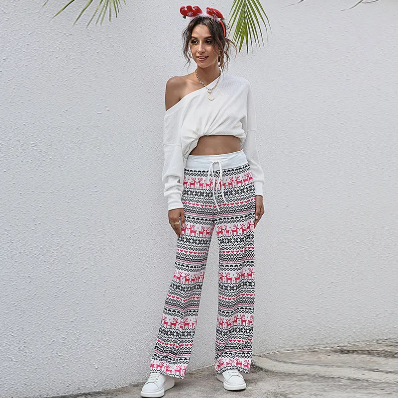 Women's Tie-Waist Casual Long Pants - Stylish, Loose-Fit Christmas Print Trousers