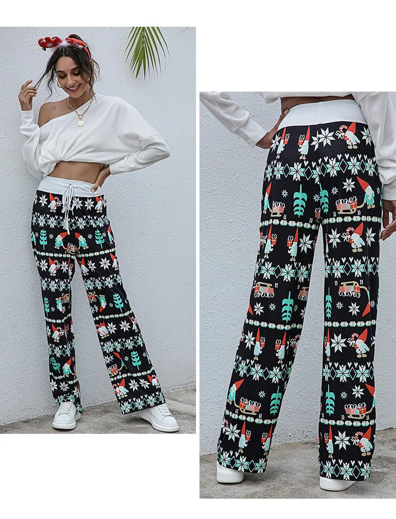 Women's Tie-Waist Casual Long Pants - Stylish, Loose-Fit Christmas Print Trousers