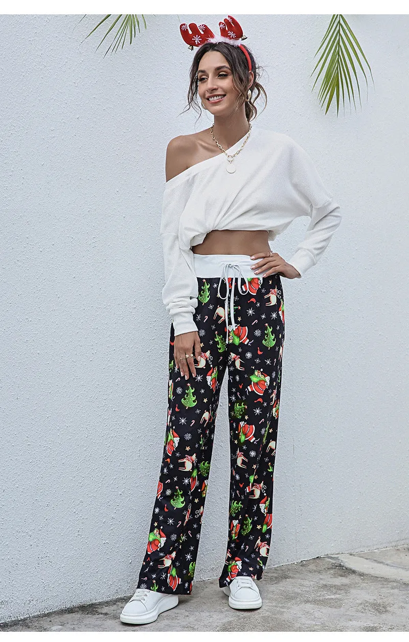 Women's Tie-Waist Casual Long Pants - Stylish, Loose-Fit Christmas Print Trousers