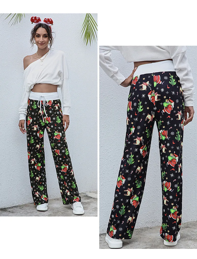 Women's Tie-Waist Casual Long Pants - Stylish, Loose-Fit Christmas Print Trousers