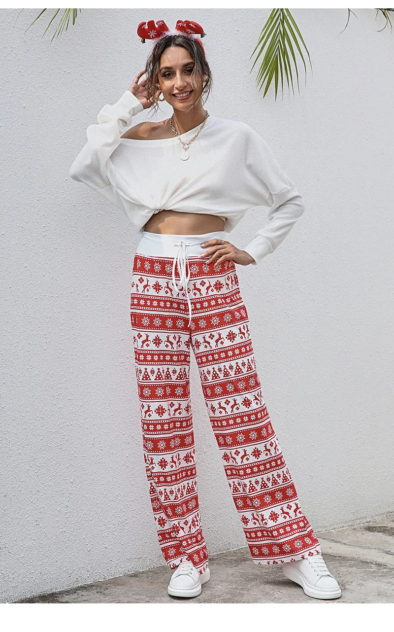 Women's Tie-Waist Casual Long Pants - Stylish, Loose-Fit Christmas Print Trousers