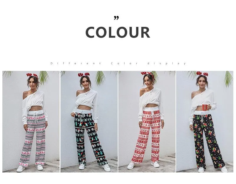 Women's Tie-Waist Casual Long Pants - Stylish, Loose-Fit Christmas Print Trousers