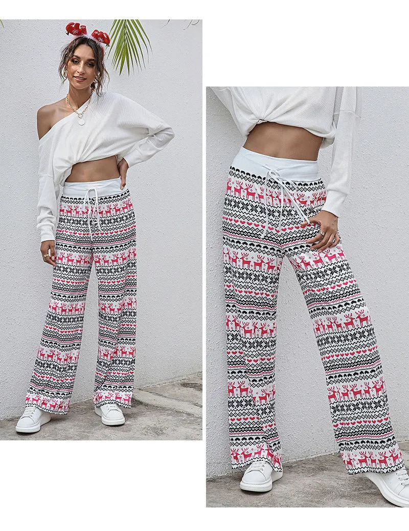 Women's Tie-Waist Casual Long Pants - Stylish, Loose-Fit Christmas Print Trousers