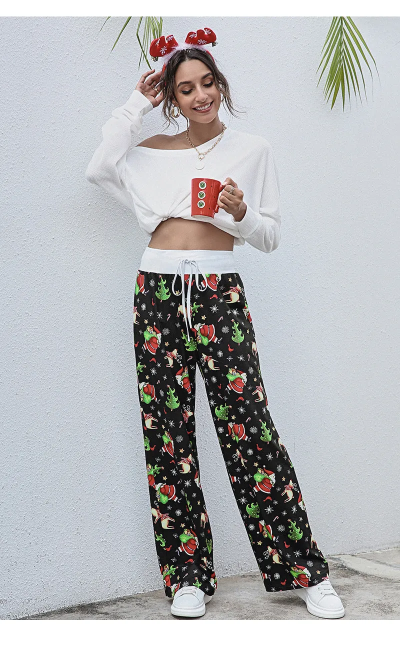 Women's Tie-Waist Casual Long Pants - Stylish, Loose-Fit Christmas Print Trousers