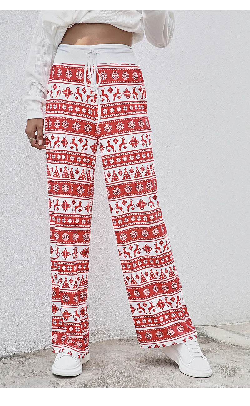 Women's Tie-Waist Casual Long Pants - Stylish, Loose-Fit Christmas Print Trousers