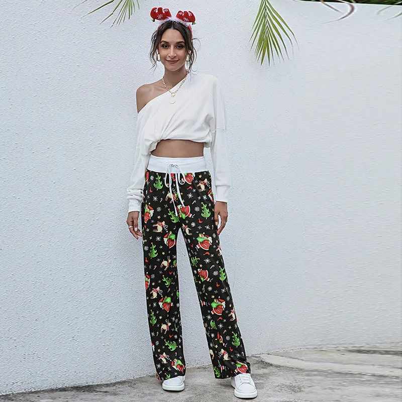 Women's Tie-Waist Casual Long Pants - Stylish, Loose-Fit Christmas Print Trousers