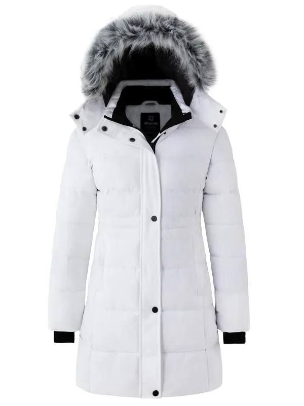 Women's Winter Coats Quilted Puffer Jacket Padded Parka with Fur Hood Recycled Fabric